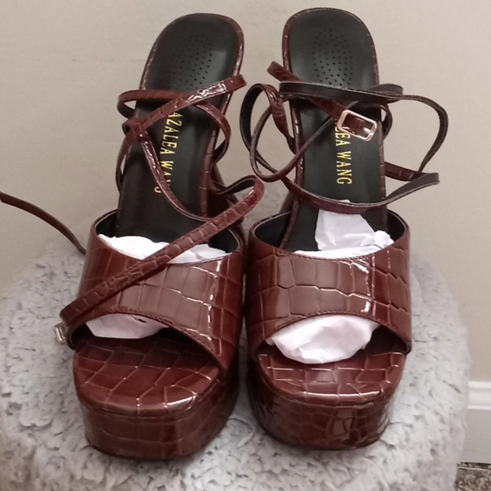 Brown Croc-Embossed Platform Sandals
